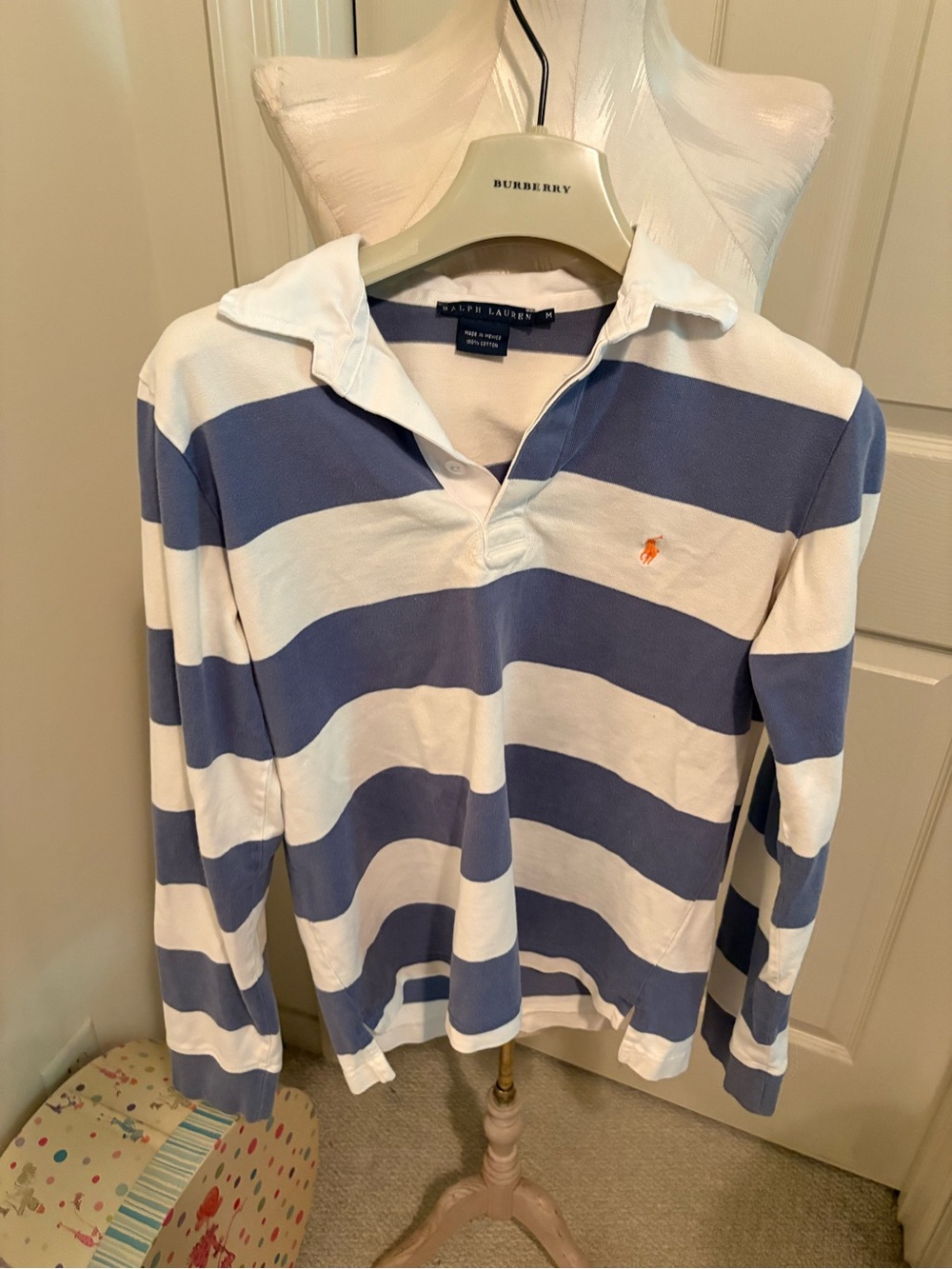 Ralph Lauren Blue and White Striped Long-Sleeve Rugby Polo women’s M $148